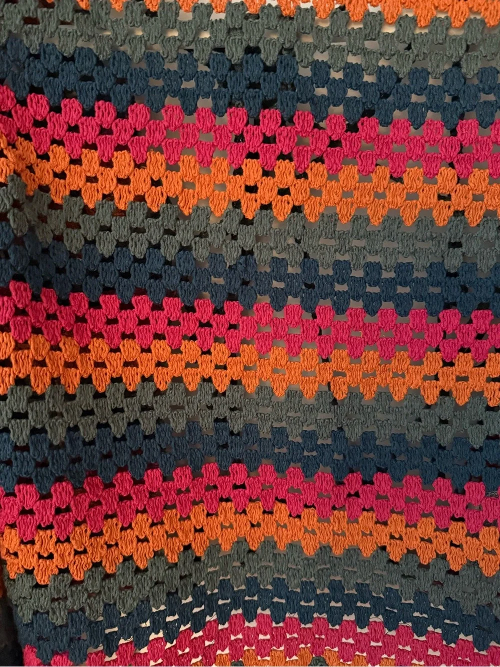 Zara Crochet Striped Puff Sleeve Top in Navy, Magenta & Orange